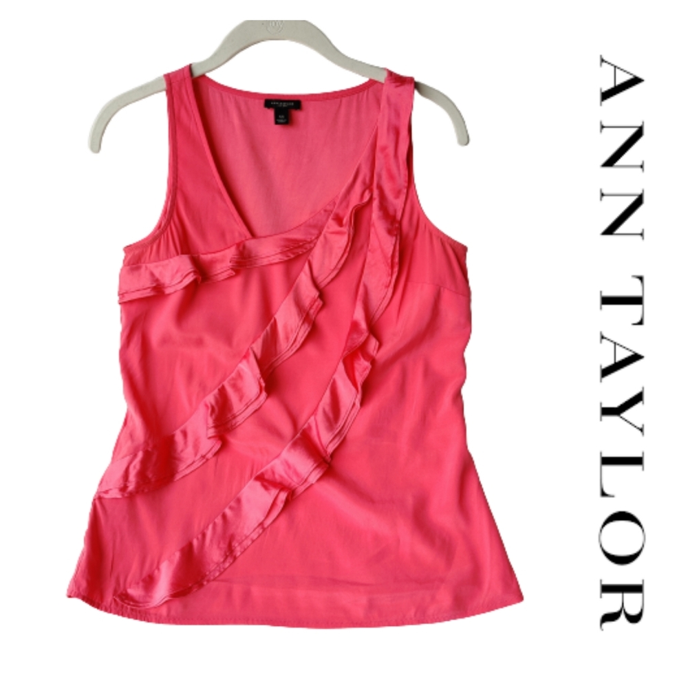 Ann Taylor Pink Ruffle Trim Stretch Silk Tank Top